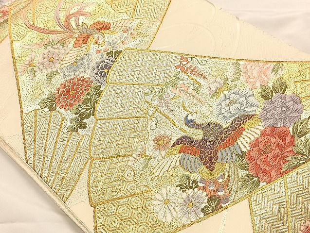 平和屋着物◎六通柄袋帯 唐織 檜扇鳳凰花文 金糸 正絹 逸品 AAAJ6344Bsa