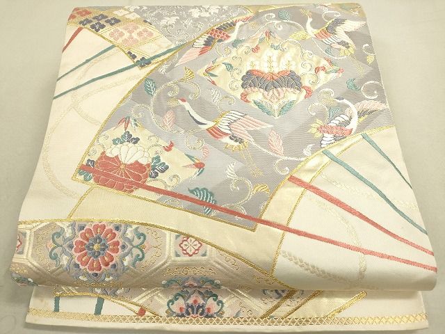 平和屋着物◎六通柄袋帯 唐織 扇面飛鶴花唐草文 金銀糸 逸品 DAAG1453we