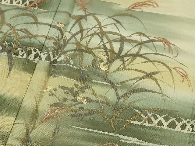 平和屋本店▽極上 訪問着 無双 紗×紗 秋草文 芒 手描き 暈し染め 金彩 逸品 DZAA2023kh4
