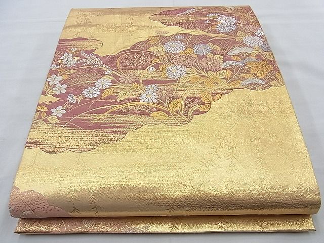 平和屋着物◎六通柄袋帯 唐織 雲取秋草文 金糸 逸品 BAAI6950cm