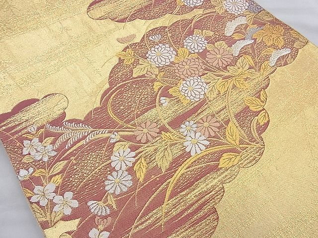 平和屋着物◎六通柄袋帯 唐織 雲取秋草文 金糸 逸品 BAAI6950cm