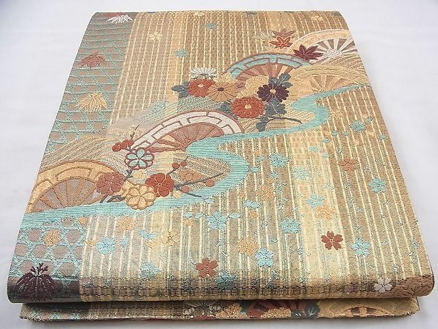 平和屋着物◎六通柄袋帯 唐織 片輪車草花文 金糸 逸品 BAAI6964cm