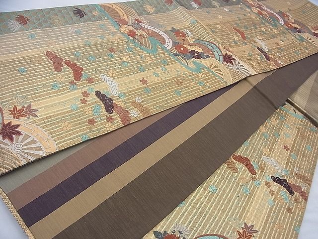 平和屋着物◎六通柄袋帯 唐織 片輪車草花文 金糸 逸品 BAAI6964cm