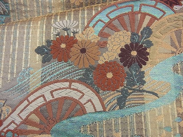 平和屋着物◎六通柄袋帯 唐織 片輪車草花文 金糸 逸品 BAAI6964cm