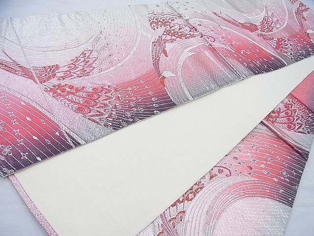 平和屋着物◎六通柄袋帯 孔雀 銀糸 逸品 BAAI6966cm