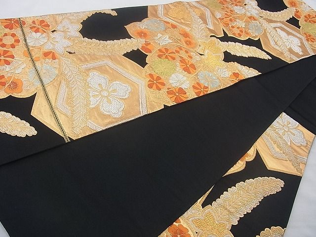 平和屋着物◎六通柄袋帯 唐織 花菱亀甲桐菊文 黒地 金銀糸 逸品 BAAJ0851cm