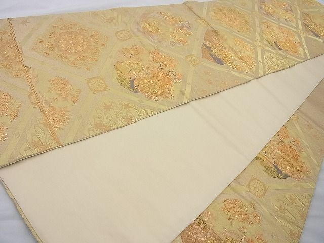 平和屋着物◎六通柄袋帯 菱天井花文 金糸 逸品 BAAJ0844cm