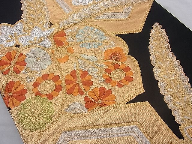 平和屋着物◎六通柄袋帯 唐織 花菱亀甲桐菊文 黒地 金銀糸 逸品 BAAJ0851cm