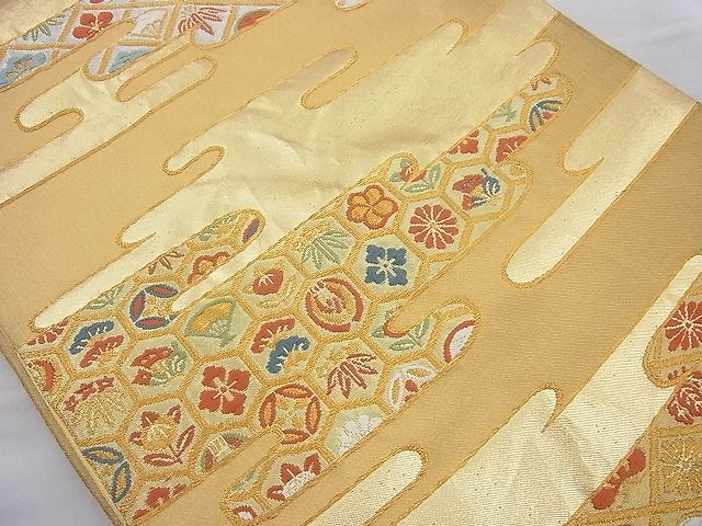 平和屋着物◎六通柄袋帯 唐織 ヱ霞草花文 金銀糸 逸品 BAAJ0862cm