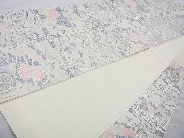 平和屋着物◎六通柄袋帯 唐織 格天井吉祥花文 銀糸 逸品 BAAJ6854cm