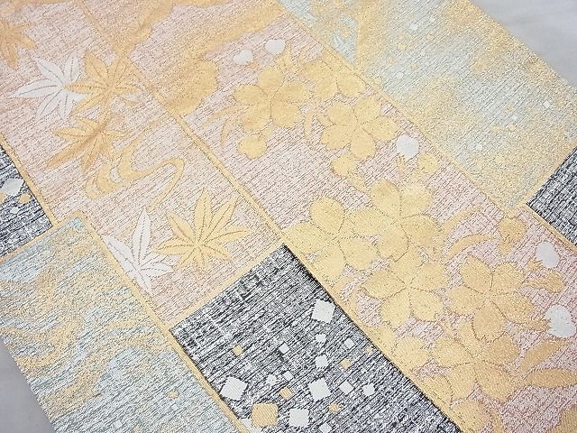 平和屋着物◎六通柄袋帯 短冊琳派草花文 金銀糸 逸品 BAAJ6836cm