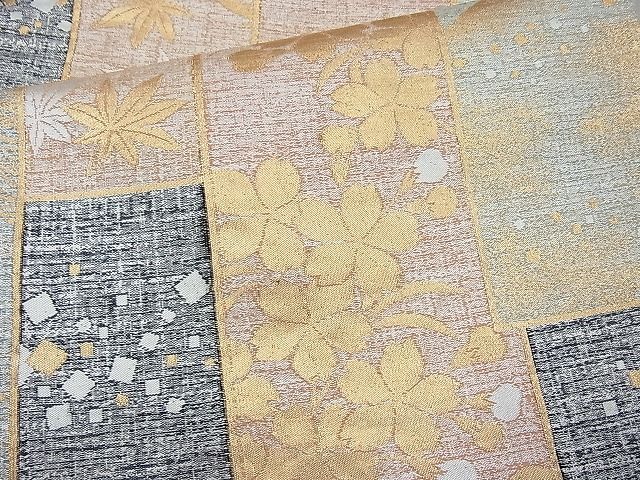 平和屋着物◎六通柄袋帯 短冊琳派草花文 金銀糸 逸品 BAAJ6836cm