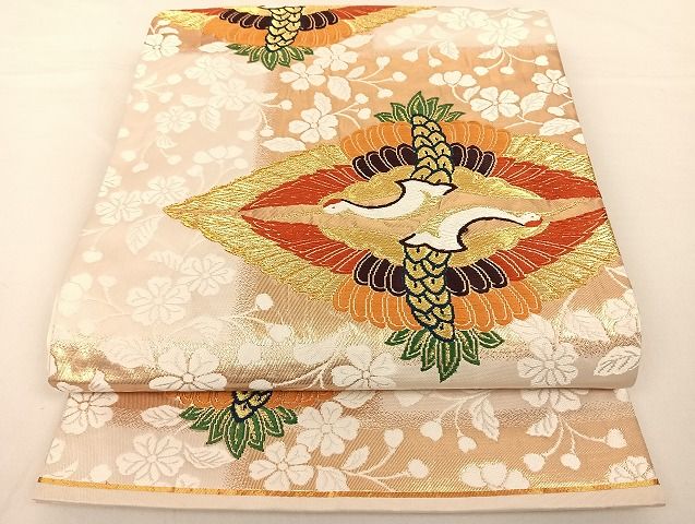 平和屋着物◎六通柄袋帯 唐織 双鶴菱花文 市松石向鶴文 金糸 正絹 逸品 AAAG6293Bwt