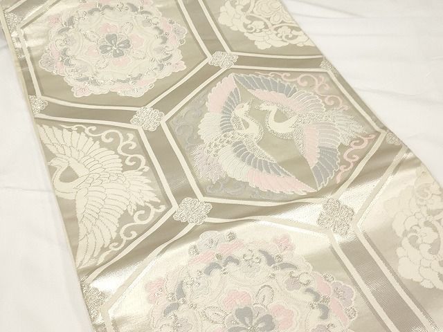 平和屋着物◎六通柄袋帯 唐織 正倉院向い鶴花文 銀糸 正絹 逸品 AAAK4379Aex