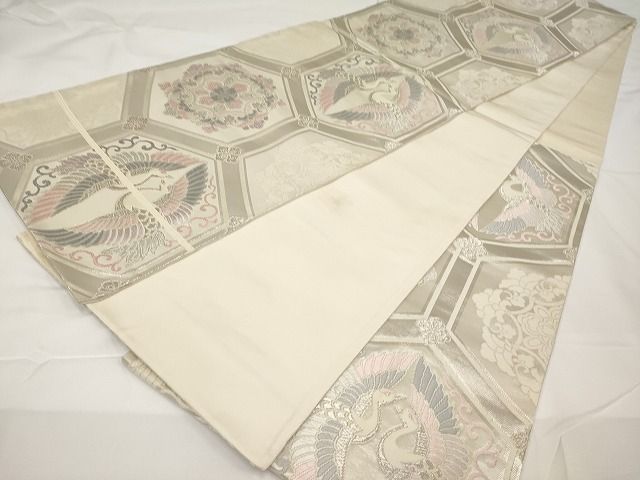 平和屋着物◎六通柄袋帯 唐織 正倉院向い鶴花文 銀糸 正絹 逸品 AAAK4379Aex