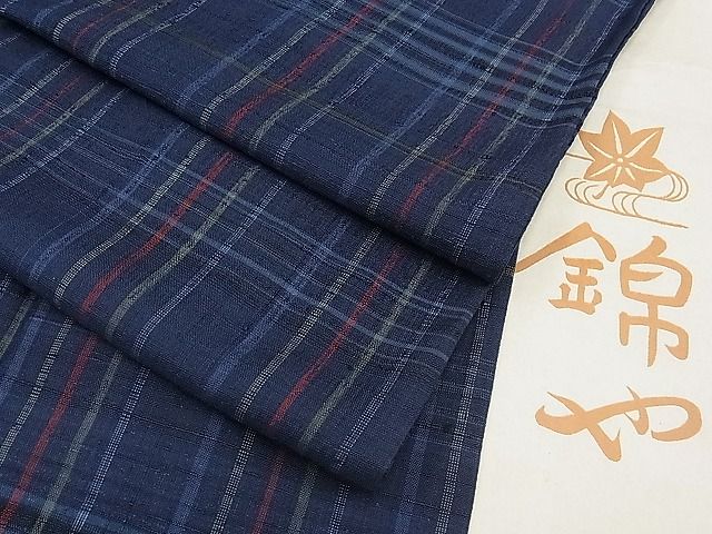 平和屋本店▽極上 日本橋人形町 創業70年 錦や 郡上紬 草木染 単衣 格子柄 たとう紙付き 逸品 CYAA0246s4