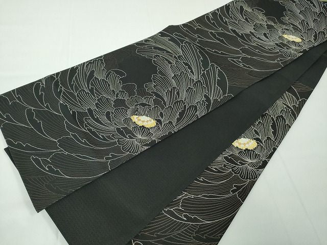 平和屋本店●極上 本場筑前博多織 六通柄袋帯 牡丹 黒地 金糸 逸品 DZAA2081kh4