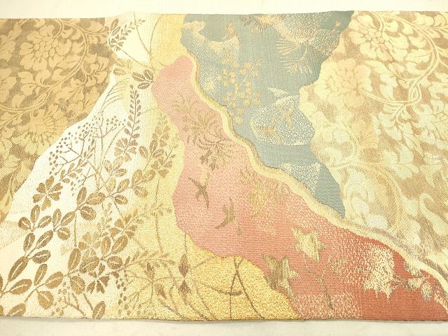 平和屋着物◎六通太鼓柄袋帯 道長草花文 金糸 逸品 DAAI2515ox