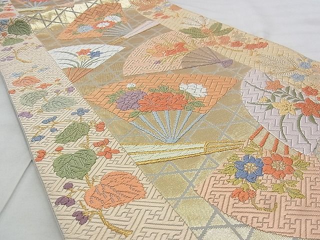 平和屋着物◎六通柄袋帯 唐織 扇面散らし松竹梅 金糸 逸品 BAAJ3212if