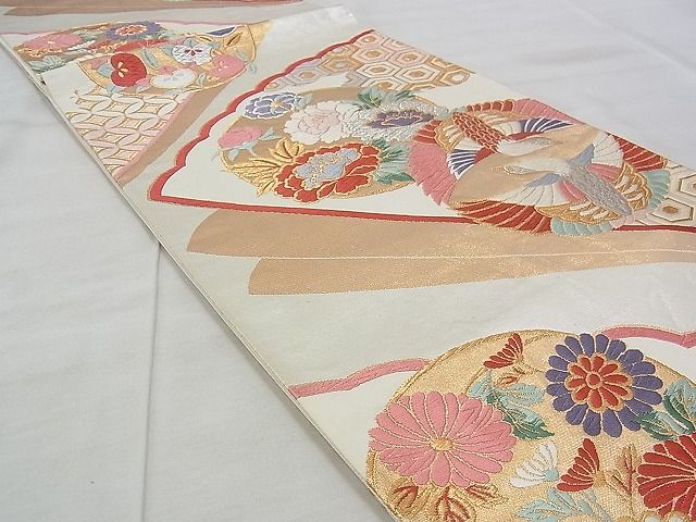 平和屋着物◎六通柄袋帯 唐織 向かい鳥花丸文 金銀糸 逸品 BAAJ3283if
