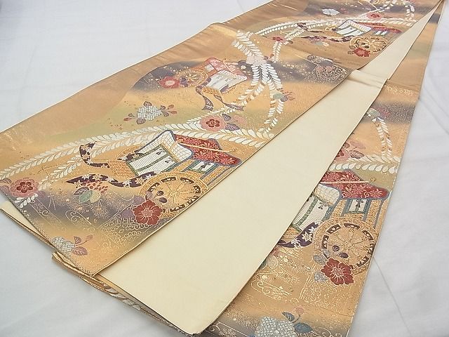 平和屋着物◎六通柄袋帯 唐織 御所車草花文 金銀糸 逸品 BAAJ3298if