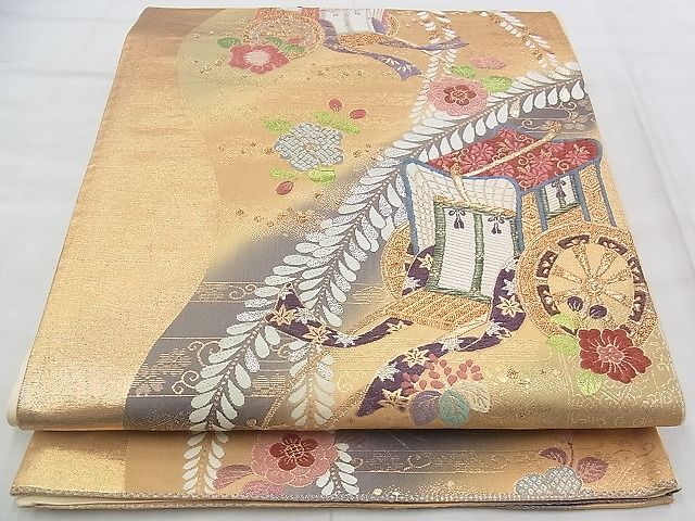 平和屋着物◎六通柄袋帯 唐織 御所車草花文 金銀糸 逸品 BAAJ3298if