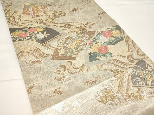 平和屋着物◎六通柄袋帯 唐織 扇面吉祥花文 金銀糸 正絹 逸品 AAAK4391Aex