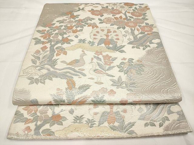 平和屋着物◎佐賀錦 六通柄袋帯 流水孔雀花文 銀糸 正絹 逸品 AAAL5637Aex