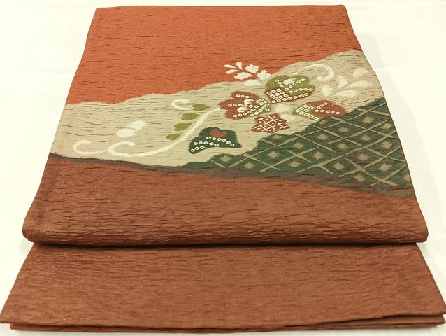 平和屋着物◎太鼓柄袋帯 九百錦京みやび ふくれ織り 草花文 正絹 逸品 AAAK8748Bdt