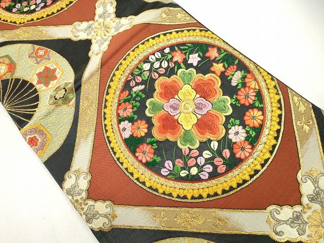 平和屋着物■六通柄袋帯 唐織 正倉院花丸文 黒地 金糸 逸品 CAAQ1234egm