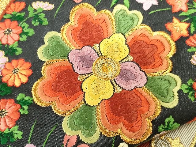 平和屋着物■六通柄袋帯 唐織 正倉院花丸文 黒地 金糸 逸品 CAAQ1234egm