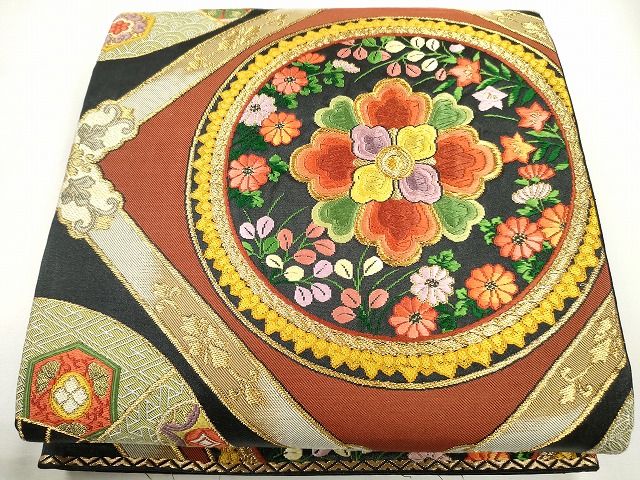 平和屋着物■六通柄袋帯 唐織 正倉院花丸文 黒地 金糸 逸品 CAAQ1234egm
