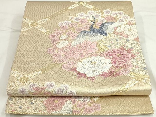 平和屋着物◎六通柄袋帯 唐織 天井孔雀花文 金糸 正絹 逸品