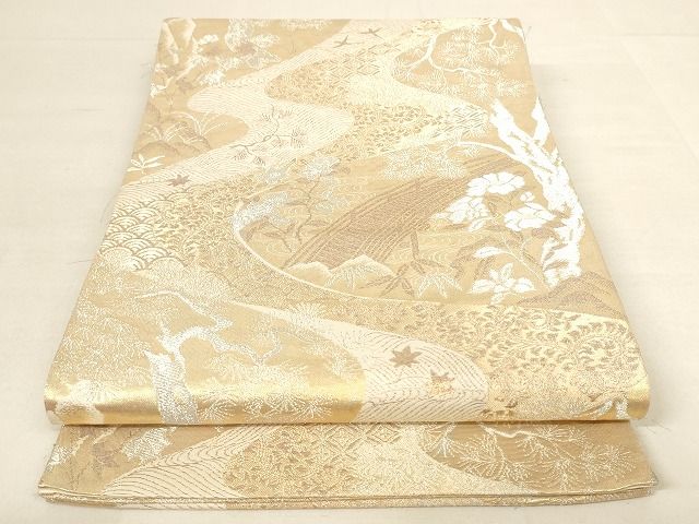 平和屋着物◎六通柄袋帯 渡橋風景花文 金銀糸 正絹 逸品 AAAL0770Apf