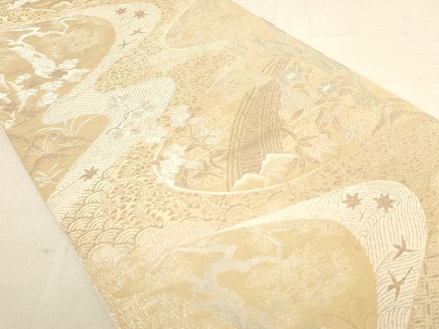 平和屋着物◎六通柄袋帯 渡橋風景花文 金銀糸 正絹 逸品 AAAL0770Apf