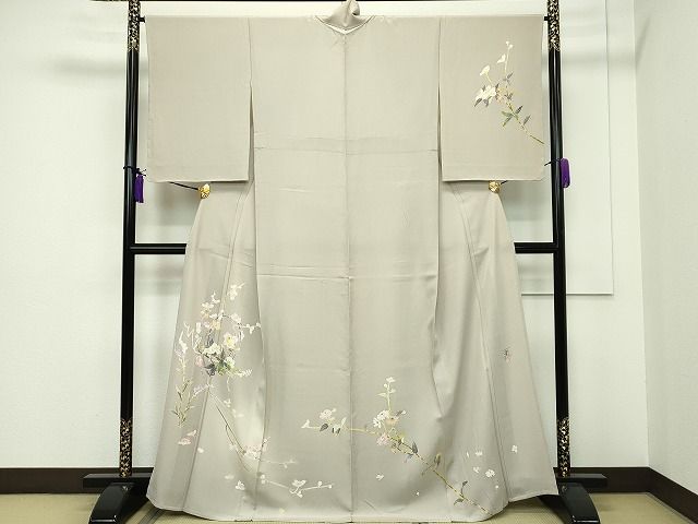 平和屋本店■極上 京加賀友禅 百貫石峰 訪問着 単衣 草花文 蛍暈し 亜麻色地 逸品 未使用 CZAA1006s4