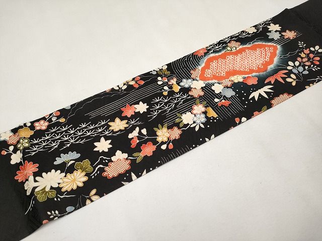 平和屋本店■極上 九寸名古屋帯 絞り 駒刺繍 雲取り流水枝花文 黒地 逸品 未使用 CYAA0717s4
