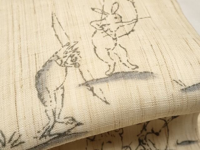 平和屋本店■極上 夏物 ワンタッチつけ帯 手描き 鳥獣戯画 麻 逸品 未使用 CYAA0722s4