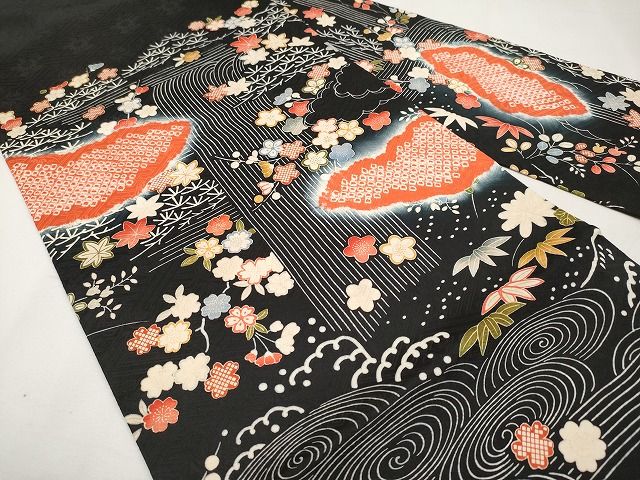 平和屋本店■極上 九寸名古屋帯 絞り 駒刺繍 雲取り流水枝花文 黒地 逸品 未使用 CYAA0717s4