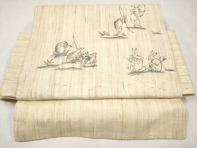 平和屋本店■極上 夏物 ワンタッチつけ帯 手描き 鳥獣戯画 麻 逸品 未使用 CYAA0722s4