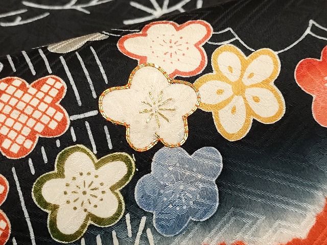 平和屋本店■極上 九寸名古屋帯 絞り 駒刺繍 雲取り流水枝花文 黒地 逸品 未使用 CYAA0717s4