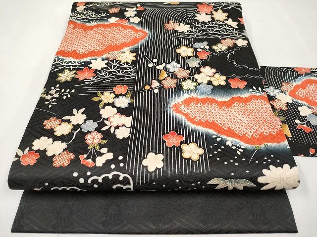 平和屋本店■極上 九寸名古屋帯 絞り 駒刺繍 雲取り流水枝花文 黒地 逸品 未使用 CYAA0717s4