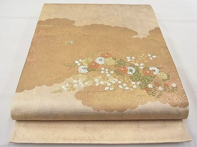 平和屋着物◎太鼓柄袋帯 総刺繍 雲取飛鳥秋草文 金糸 逸品 BAAJ6957sa