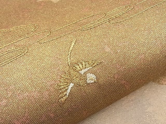 平和屋着物◎太鼓柄袋帯 総刺繍 雲取飛鳥秋草文 金糸 逸品 BAAJ6957sa