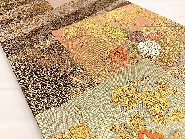 平和屋着物◎佐賀錦 六通柄袋帯 唐織 扇面草花文 金糸 逸品 BAAJ5905ea