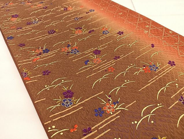 平和屋着物◎全通柄袋帯 竹垣露芝花文 金彩 逸品 BAAJ5918ea