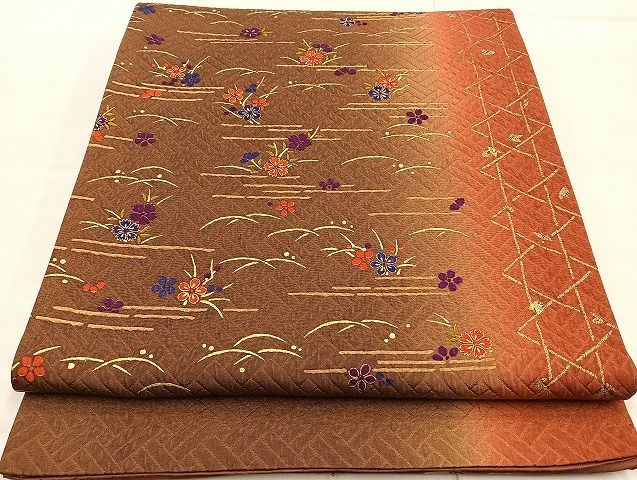 平和屋着物◎全通柄袋帯 竹垣露芝花文 金彩 逸品 BAAJ5918ea