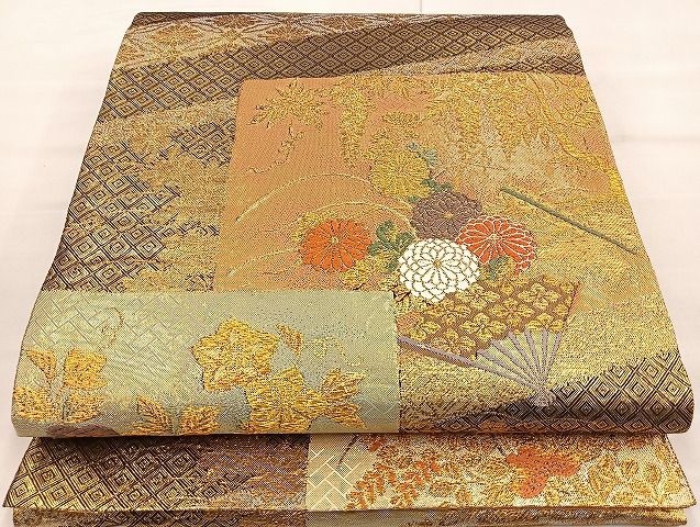 平和屋着物◎佐賀錦 六通柄袋帯 唐織 扇面草花文 金糸 逸品 BAAJ5905ea