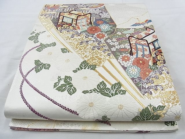 平和屋着物◎六通柄袋帯 唐織 扇面御所車花文 金銀糸 逸品 BAAJ9718cm