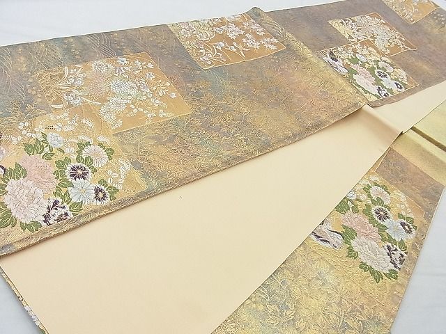 平和屋着物◎六通柄袋帯 唐織 色紙花鳥文 金糸 逸品 BAAJ9757cm